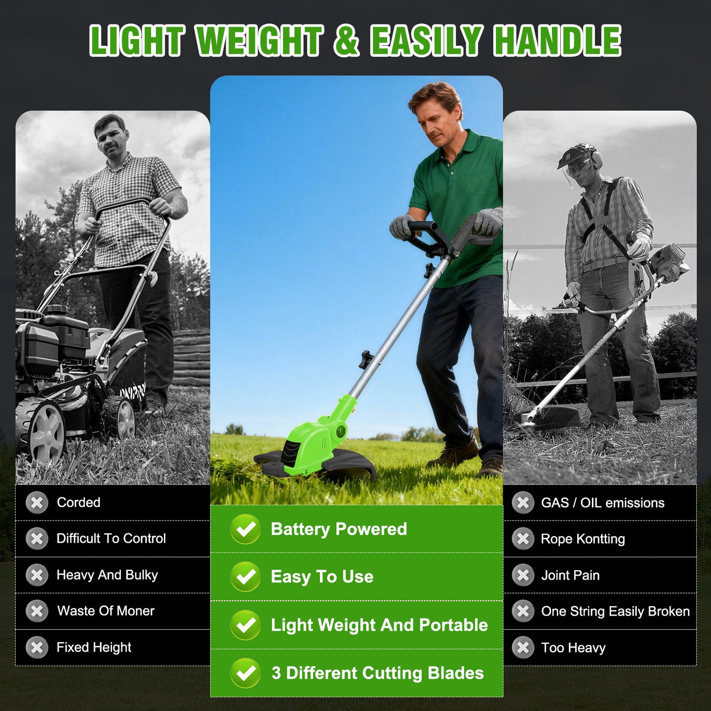 CATGOOD Cordless String Trimmer, 2AH Battery Powered Weed Trimmer with Fast Charger, Green