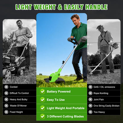 CATGOOD Cordless String Trimmer, 2AH Battery Powered Weed Trimmer with Fast Charger, Green