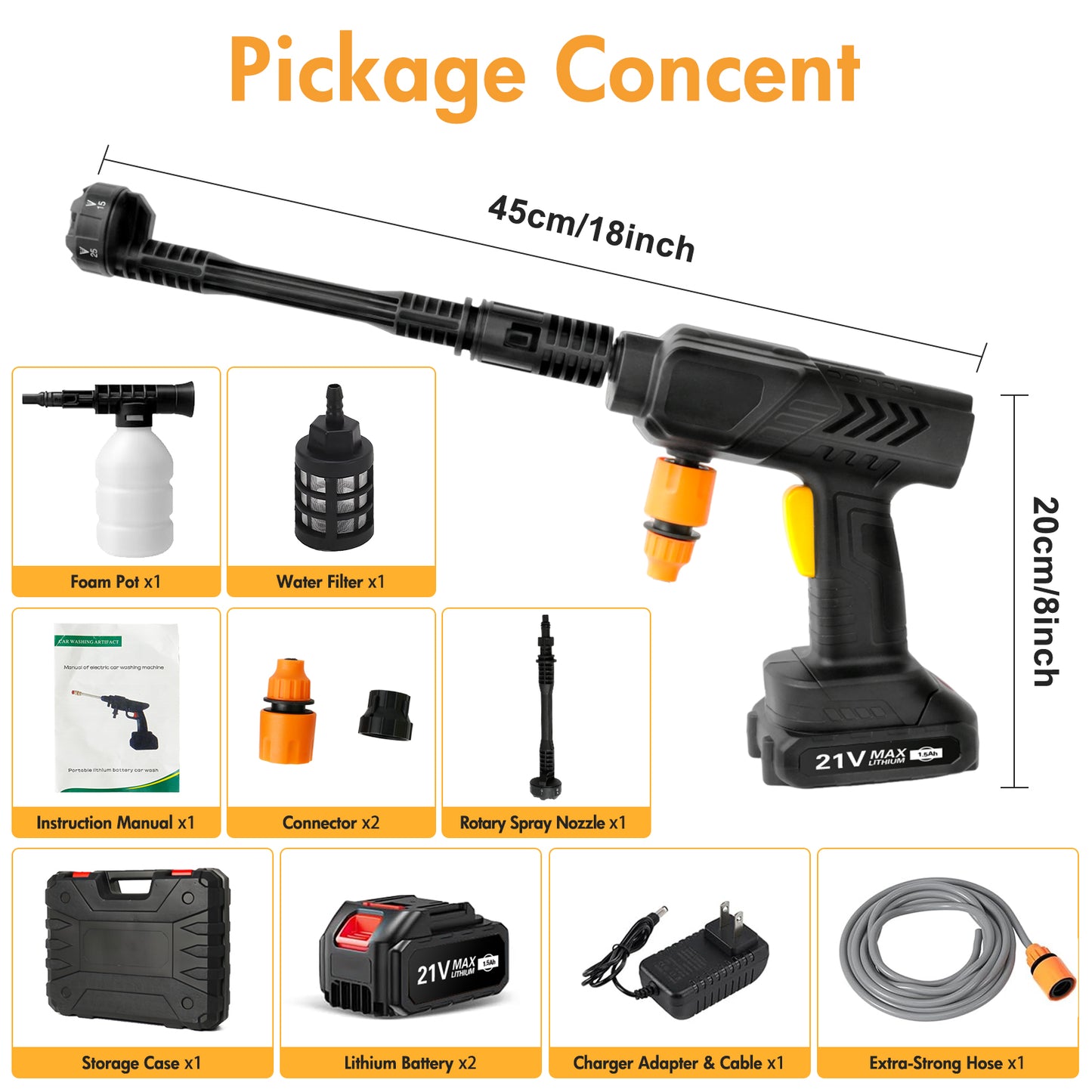 21V 6 In 1 Nozzles Car Power Cleaner Machine, 3200RPM,500PSI, Portable High Pressure Car Wash, Cordless Pressure Washer with 2 Rechargeable Batteries, 32.8FT Water Pipe