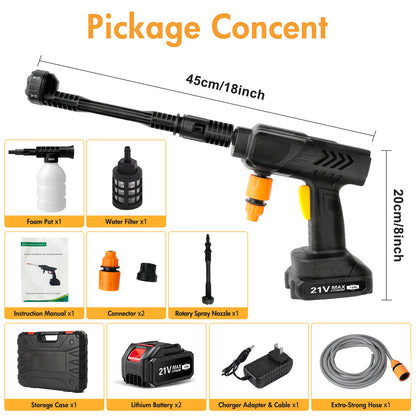 21V 6 In 1 Nozzles Car Power Cleaner Machine, 3200RPM,500PSI, Portable High Pressure Car Wash, Cordless Pressure Washer with 2 Rechargeable Batteries, 32.8FT Water Pipe