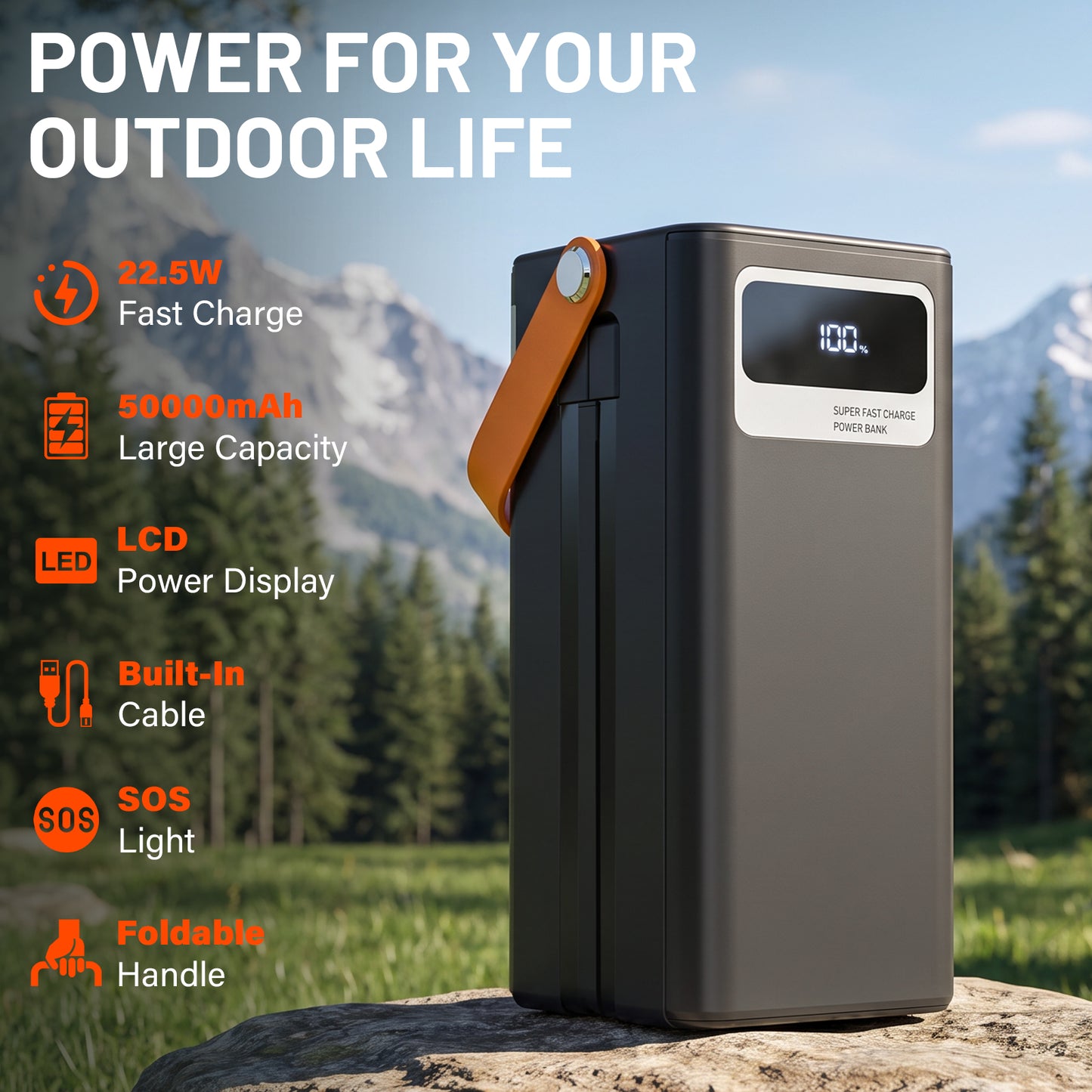 50000mAh Solar Power Bank, 22.5W Fast Charging Power Bank with Built-in Cables, Solar Phone Charger & Solar Battery Charger, 7-Output 3-Input LCD Display, SOS Flashlight for Travel Hiking (Black)