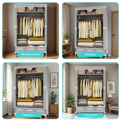 Portable Closet Organizer with 3 Storage Drawers, Non-Woven Fabric Wardrobe Closet Organizers and Storage, Hanging Clothing Rack for Rentals, Dorms, Bedrooms, Light Gray