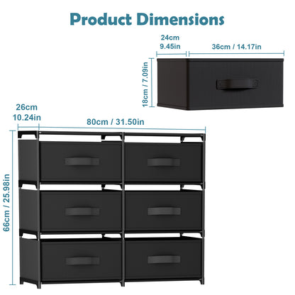 BAOKALER Double Row Non-Woven Fabric Dresser with 6 Drawers, Clothes Drawer Dresser for Bedroom, Hallway, Entryway, Closets, Sturdy Steel Frame, Wood Top, Black