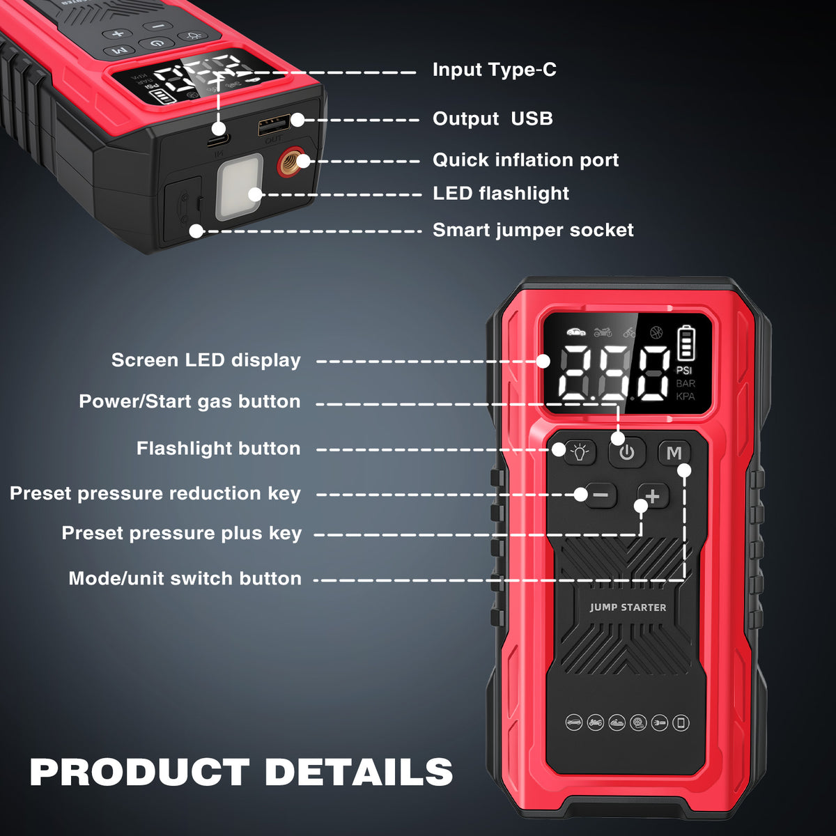 1200A Peak Car Battery Jump Starter with Tire Inflator, Portable 4?in?1 Jump Starter with USB Output & 150 PSI Air Compressor, 12V Jump Pack with Full?Screen LED Display and SOS Emergency Light, Red