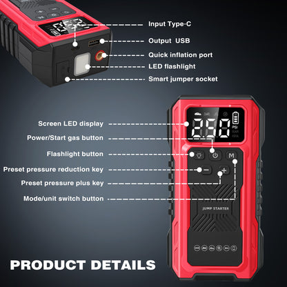 1200A Peak Car Battery Jump Starter with Tire Inflator, Portable 4?in?1 Jump Starter with USB Output & 150 PSI Air Compressor, 12V Jump Pack with Full?Screen LED Display and SOS Emergency Light, Red