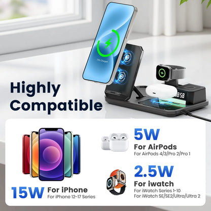 Magnetic Wireless Charger for iPhone,6in1 Portable Charger Phone Charging Station for iPhone 17 16 15 14 13 12 11 Pro Max Apple Watch AirPods,Maggsafe Charger Stand,Black