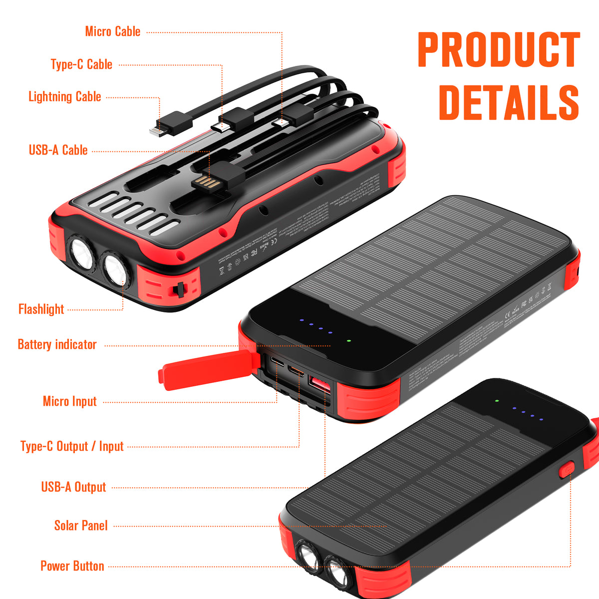 40000mAh Solar Power Bank Red, Portable Charger 20W PD Fast Charging, Solar Charger Power Bank W/4 Built-in Cables & 9 Charging Ways, Waterproof Dual LED Flashlights for Camping Hiking