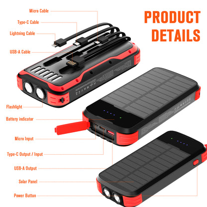 40000mAh Solar Power Bank Red, Portable Charger 20W PD Fast Charging, Solar Charger Power Bank W/4 Built-in Cables & 9 Charging Ways, Waterproof Dual LED Flashlights for Camping Hiking