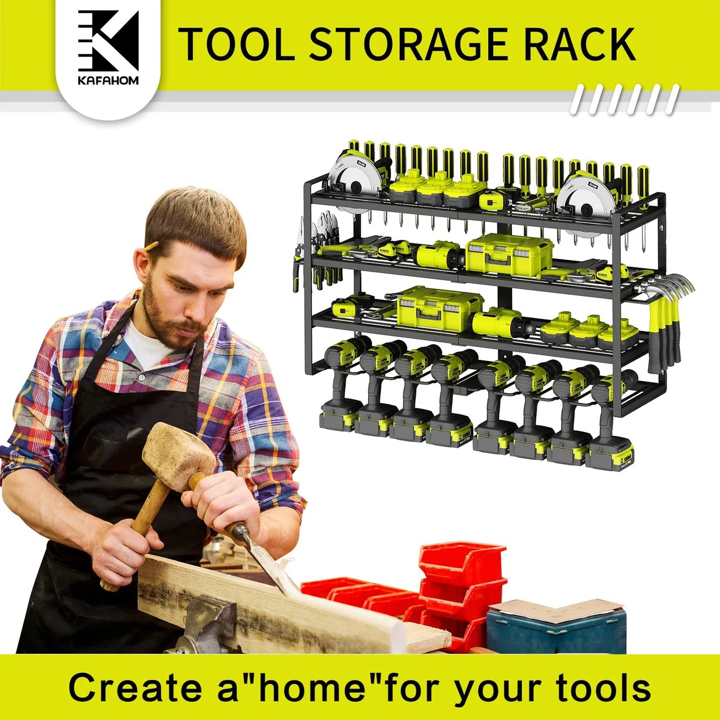 Power Tool Organizer 8 Drill Holder Wall Mount, 4 Layer Storage Rack for Garage storage, Heavy Duty Utility Racks, Tool Battery Shelf with Screwdriver Holder/Plier Holder/Hammer Holder