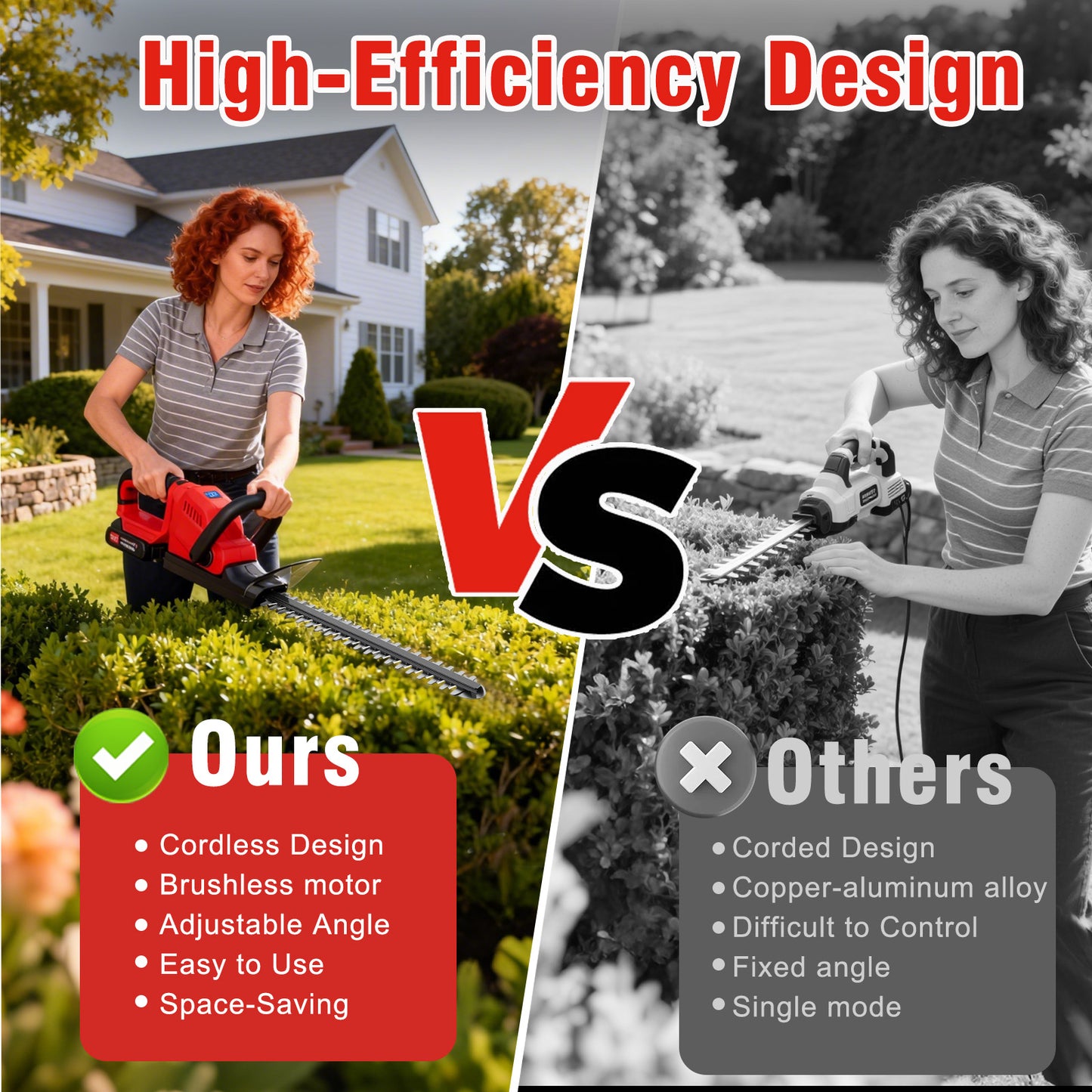 22" Cordless Hedge Trimmer with 180～ Rotatable Head, 21V Electric Bush Trimmer with 2 x 2000mAh Batteries, 1000W 24000r/min Motor, 69Mn Steel Blade for Garden Yard, Red