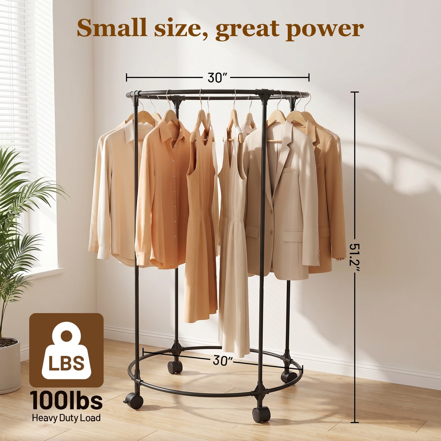 Clothes Rack, Rolling Round Garment Rack with 4 Universal Wheels and Shelf, Floor-Standing Clothes Hanging Rack for Bedroom, Black