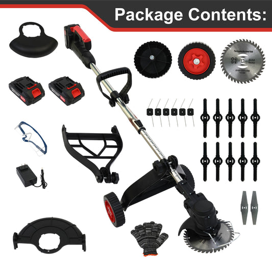 Electric Cordless Weed Eater, Grass Trimmer, Weed Wacker with 2*2000mAh Batteries, Lawn Edger Brush Cutting Machine Adjustable Handle & 3 Types Blades