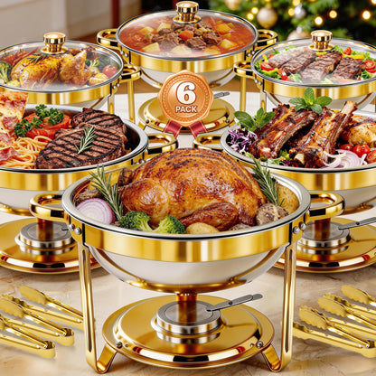 CATGOOD 6 Pack with Tongs 6QT Round Chafing Dish Buffet Set, Buffet Warmers with Glass Lids & Gold Stands, Smooth Thick Edge, Easy Clean, Side Lid Rest for Parties, Weddings, Catering, Home Banquet