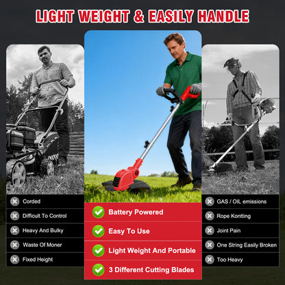 CATGOOD Cordless String Trimmer, 2AH Battery Powered Weed Trimmer with Fast Charger, Red