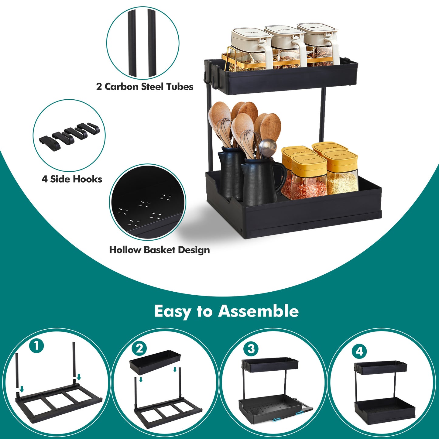 2-Tier Under Sink Organizers and Storage 2 Pack Sliding L-shape Under Bathroom Kitchen Cabinet Organizers Narrow Space Storage Multi-purpose for Bathroom Kitchen Drawer Black