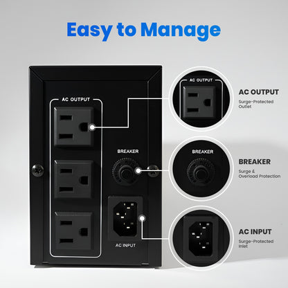 CATGOOD UPS 850VA/510W Backup Power, 3 Outlets, Battery Backup with Surge Protection, Suitable for Home and Office