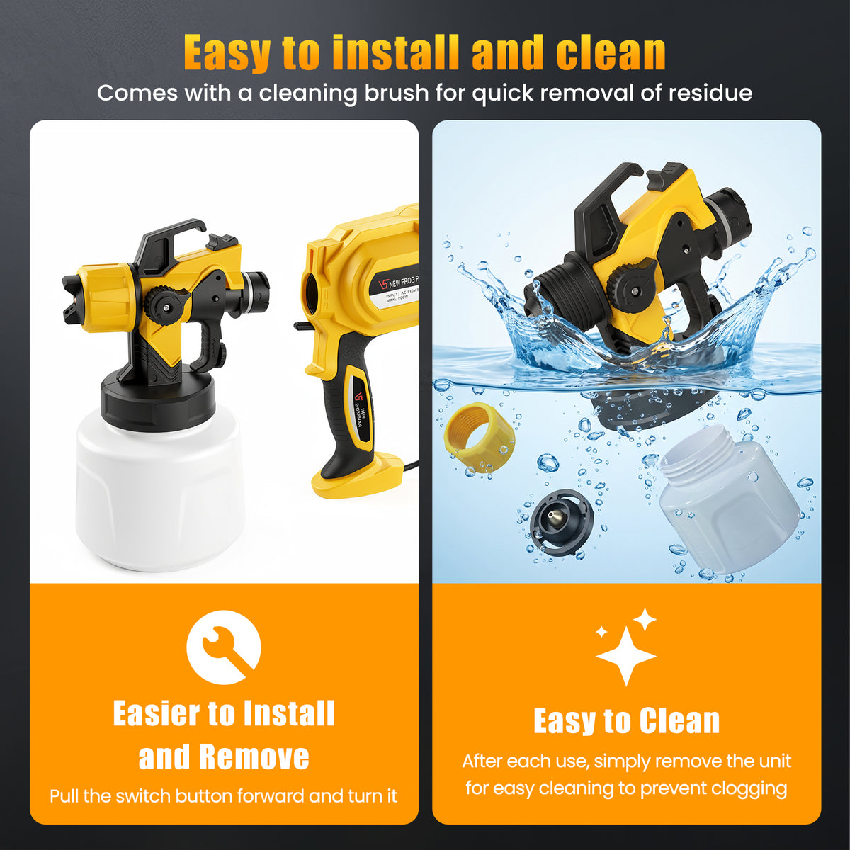 Baokaler Paint Sprayer, 1000W HVLP Electric Spray Gun with 1400ml Container, 4 Copper Nozzles & 3 Spray Patterns for Furniture, Cabinets, Walls, House Painting, Yellow