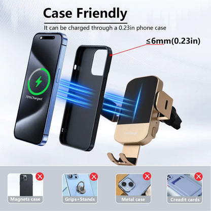 Wireless Car Charger, 15W Fast Charging Auto Clamping Phone Holders for Your Car Phone Mount for Car fit for iPhone 17 16 15 14 13 12 Pro Max 11 XR XS, Samsung Galaxy S25 Ultra S24 S23, Gold