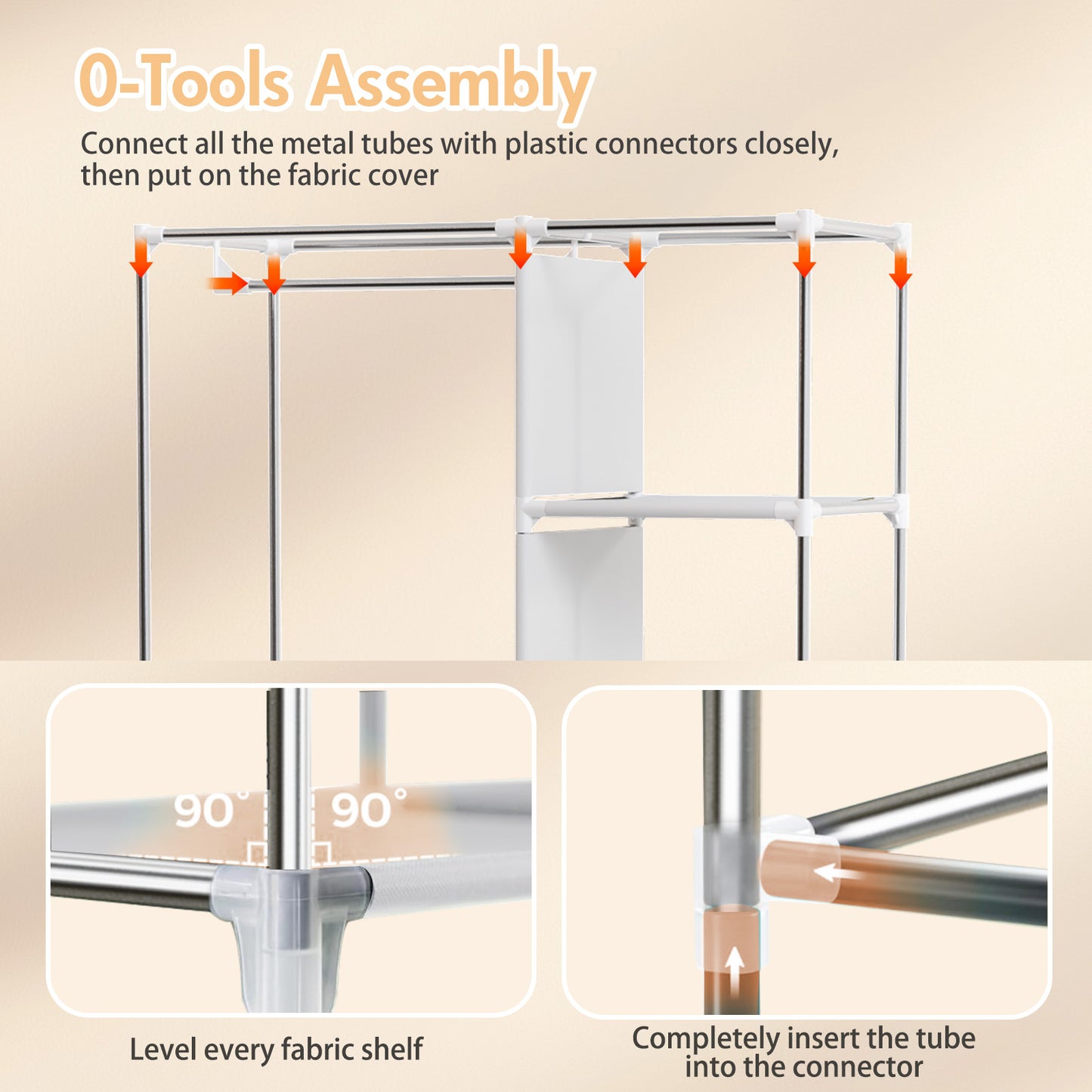 BAOKALER Wardrobe Closet Storage, Hanging Closet organizer, Clothes Rack with Cover, Tool-Free Assembly Clothes Storage for Home Bedroom Living Room, Beige