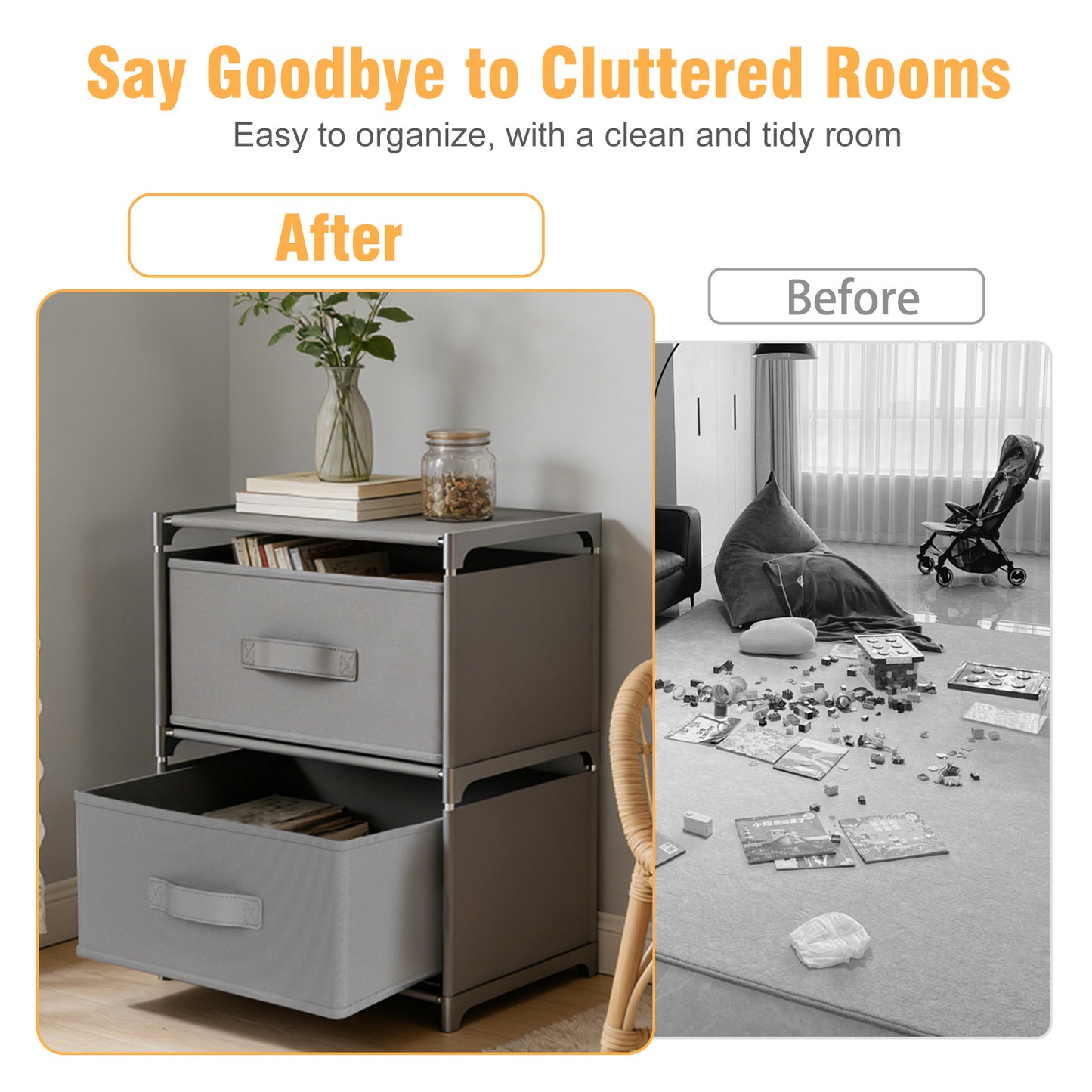 BAOKALER Multifunctional Bedroom Storage Cabinet Drawers for Clothes, Fabric Dressers for Bedroom with 2 Drawers, Small Dresser for Living Room, Hallway, Gray
