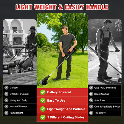 21V Cordless String Trimmer, 3Ah Battery Weed Wacker with Fast Charger, Battery Powered Weed Eater , 3-in-1 Electric Lawn Mower Grass Trimmer and Edger Lawn Tool, Black