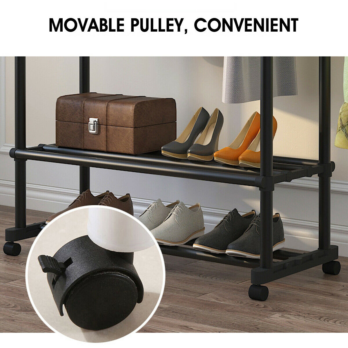 3 Tiers Double rails Hanging Garment rack on Wheels with Bottom Shelves for Shoes, Black