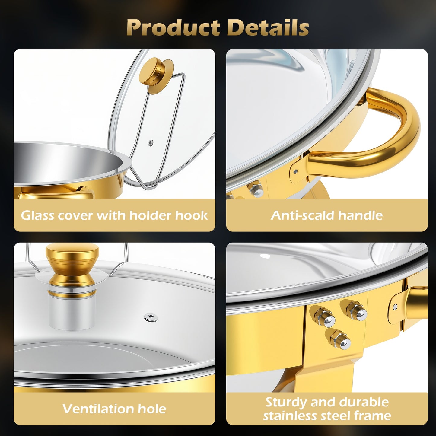 Chafing Dishes for Buffet, 1 Pack 5QT Round Semi-Gold-Plated Stainless Steel Buffet Server, Warmers with All-Gold Serving Tongs, Food Warmers for Parties Buffet, Events & Weddings