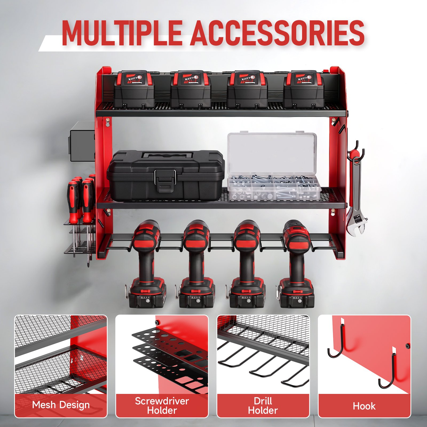 Power Tool Organizer Wall Mount with 4 Charging Station, 3 Layer Heavy Duty Metal Power Tool Storage Rack Loads 200lbs with 4 Cordless Drill Holder for Garage(Red)