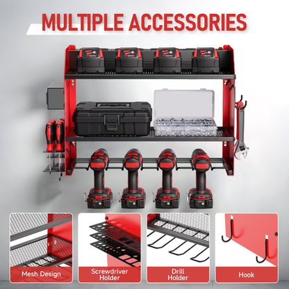 Power Tool Organizer Wall Mount with 4 Charging Station, 3 Layer Heavy Duty Metal Power Tool Storage Rack Loads 200lbs with 4 Cordless Drill Holder for Garage(Red)