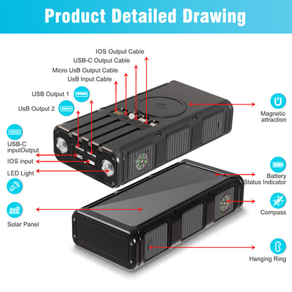 Power Bank Wireless Charger 68800mAh Built in Hand Crank and 4 Cables 15W Fast Charging Power Bank 7 Outputs & 4 Inputs Solar Portable Charger, SOS/Strobe/Strong Flashlights, Compass(Black)