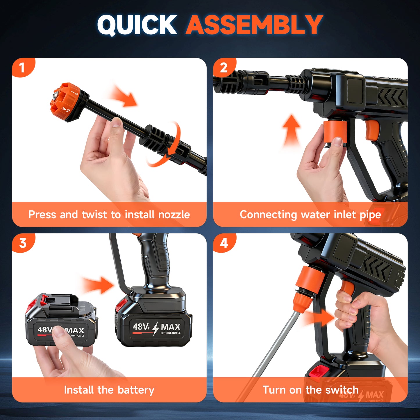 Cordless Pressure Washer, 900PSI Portable Power Washer with 2PCS 4.0Ah Batteries, High Power Handheld Washer with 6-in-1 Adjustable Nozzle for Car, Garden, Home