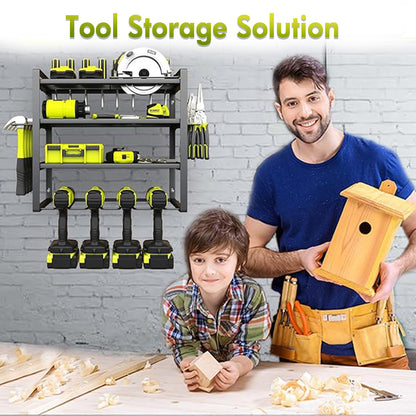ALSO GO 4 Layers Power Tool Organizer, Heavy Duty Metal Tool Storage Rack, Drill Holder Wall Mount, Battery Tools Holder Shelf, Utility Tool Shelves for Workshop or Garage, Black