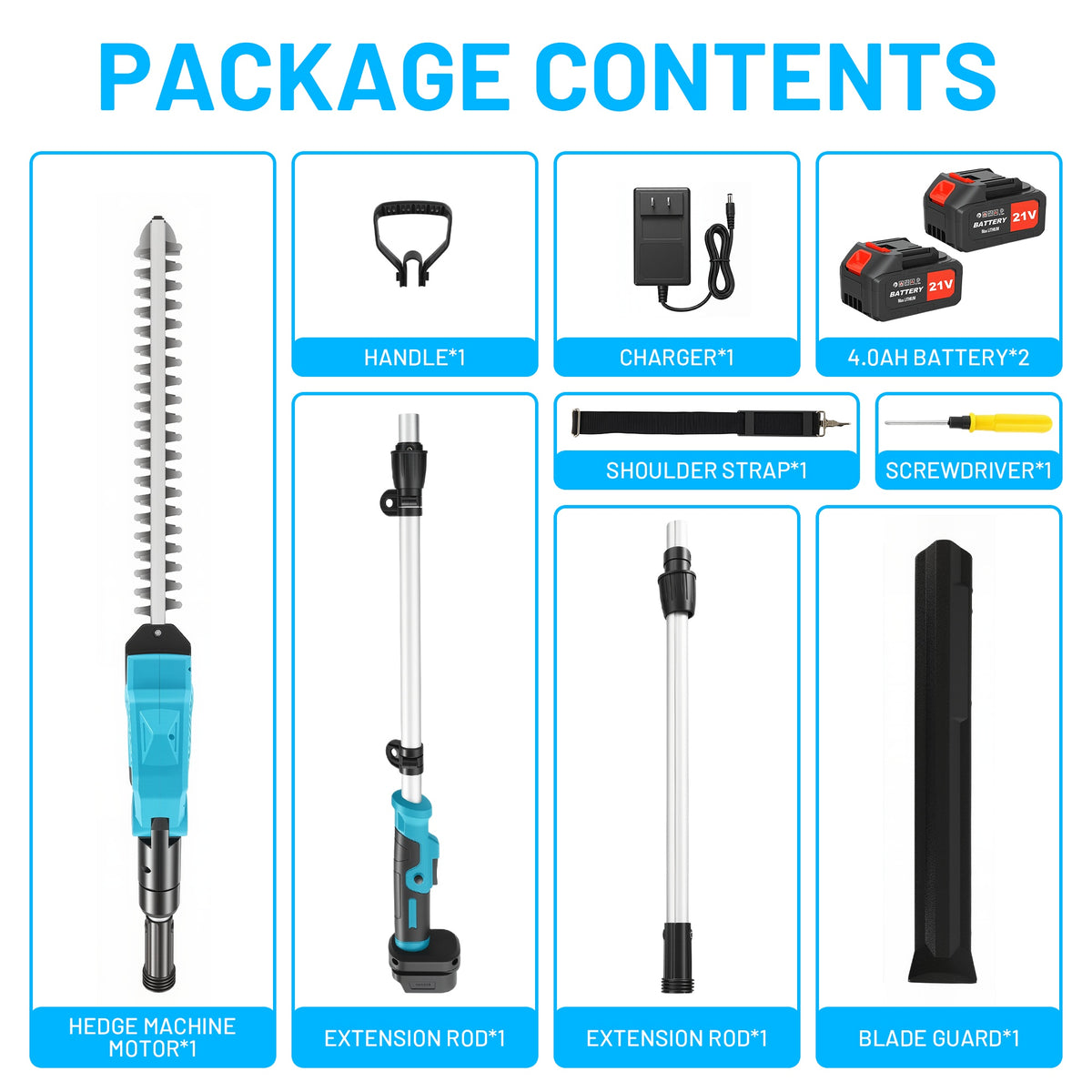 BAOKALER 21 inch Cordless Pole Hedge Trimmer, 21V Pole Hedge Trimmer with 2¡Á4.0Ah Batteries, 7Ft Telescoping Shaft, 90¡ãAdjustable Head and LED Display for Tree & Shrubs Pruning