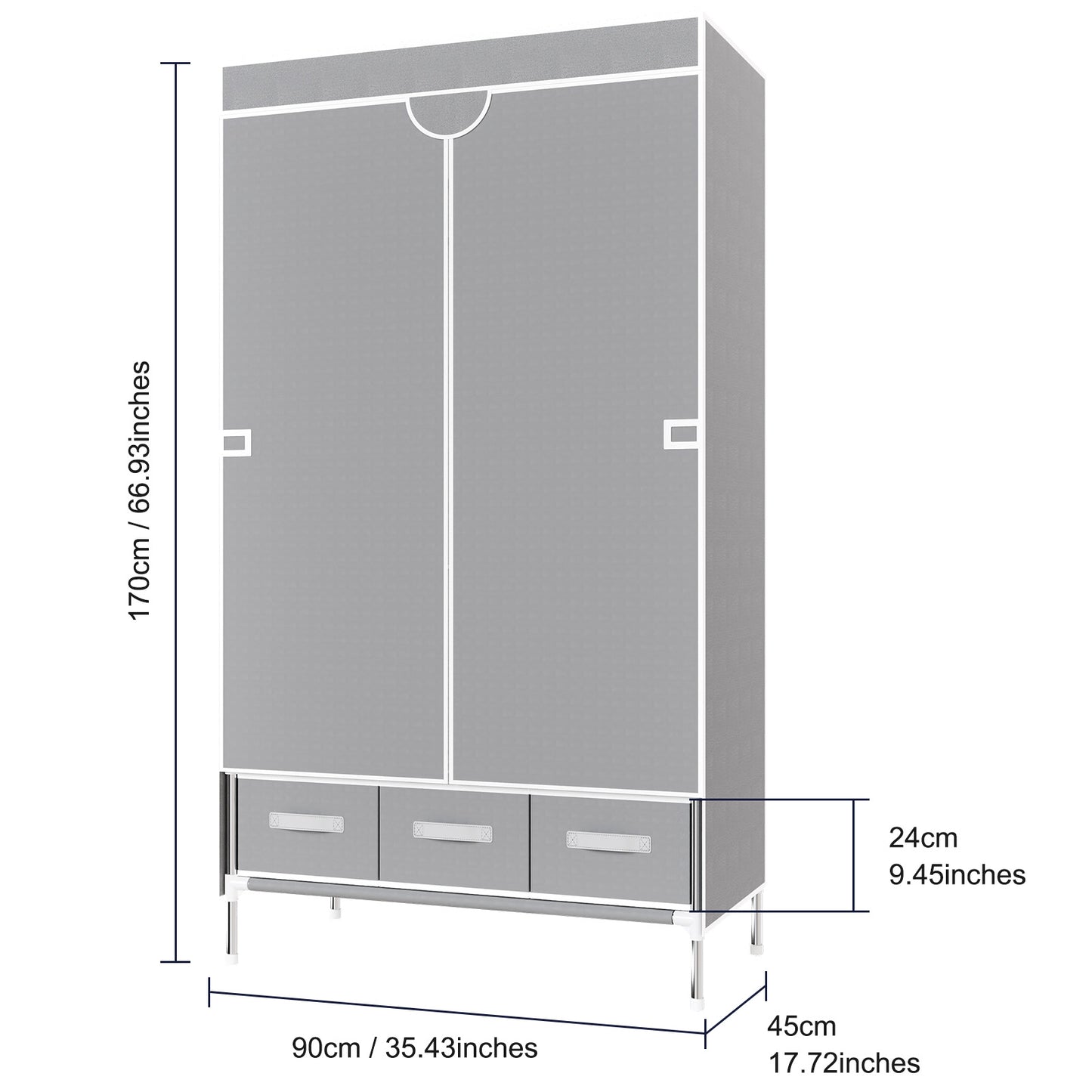 Simple & Portable Non-Woven Fabric Wardrobe with Hanging Space for Coats and Bags, Sturdy & Easy to Assemble, Includes 3 Storage Drawers, Ideal for Rentals, Dorms, Bedrooms, Gray