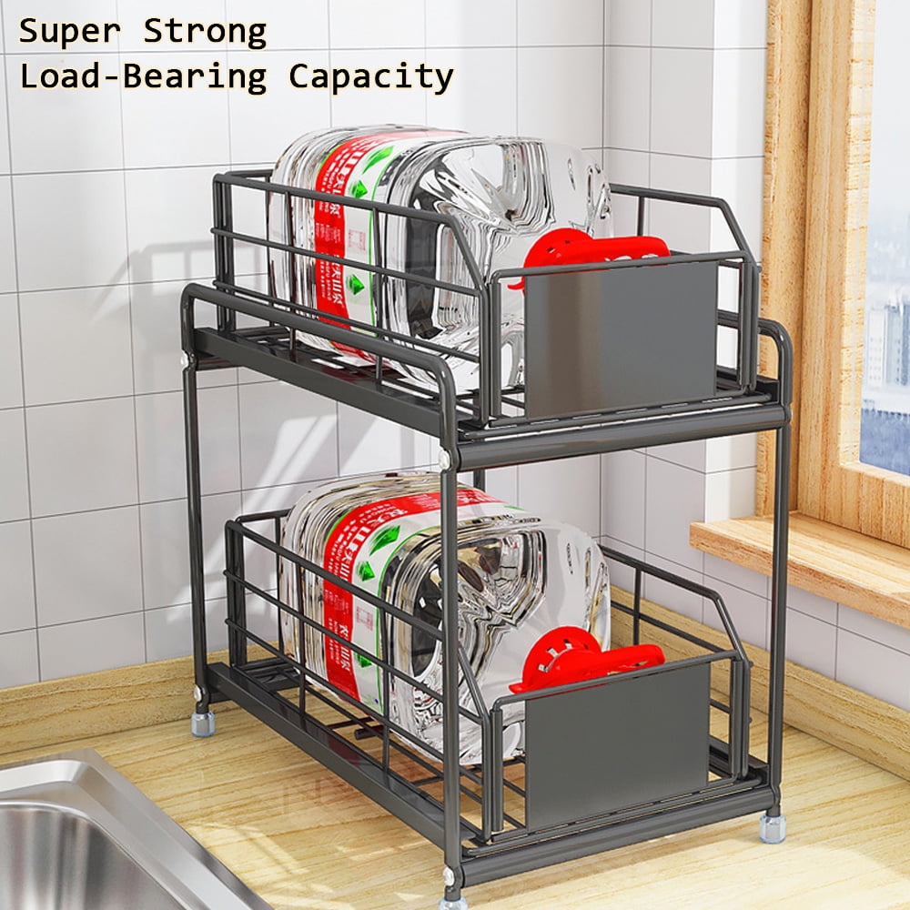 Sliding Cabinet Basket Organizer, Bathroom Organizer Under Sink Shelf, Under Kitchen Cabinet Organizer, 2 Tier Multi-purpose Under Sink Storage Rack, Black