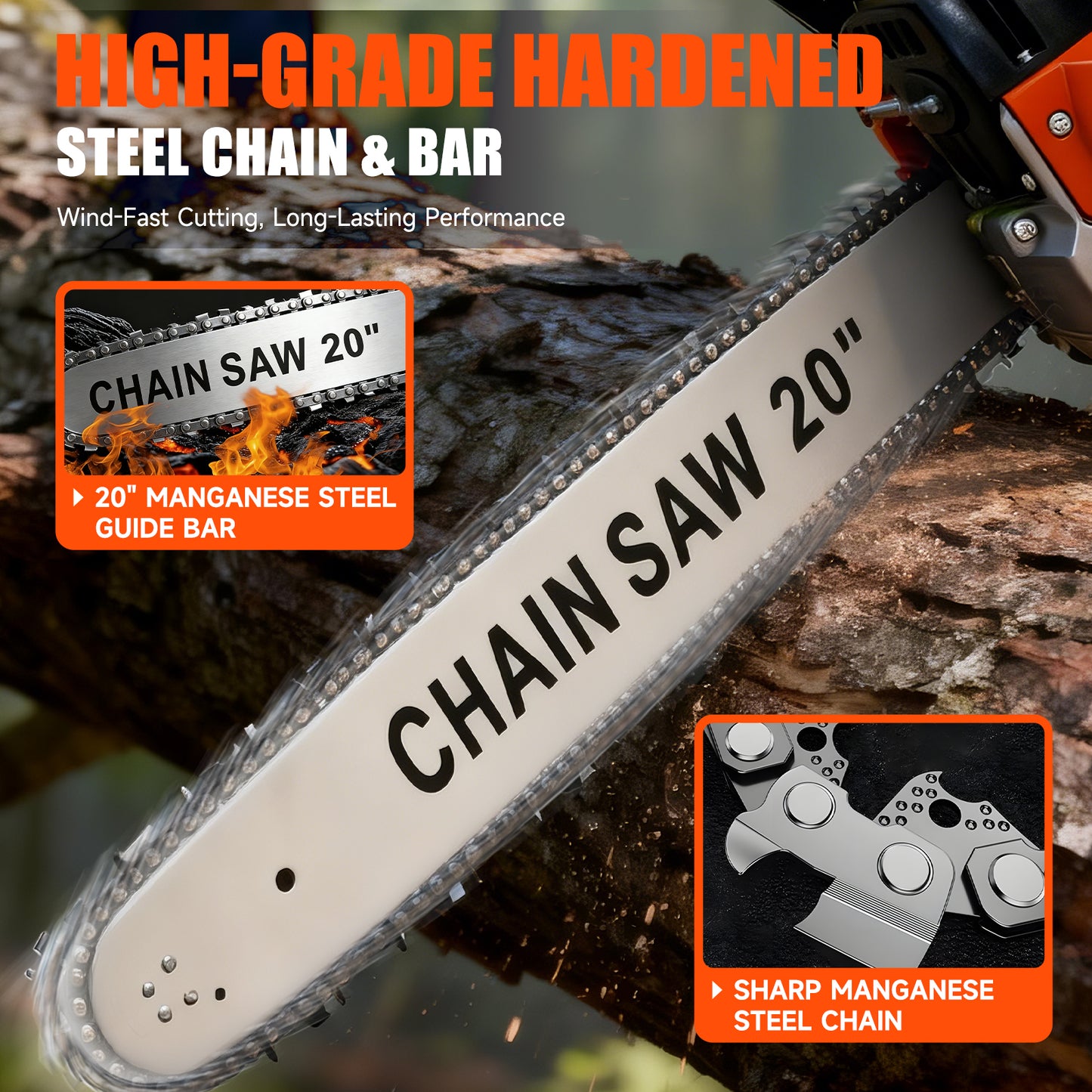 BAOKALER Cordless Gas Chainsaw 20-Inch 62CC, 2-Stroke Engine for Wood Cutting, EPA Certified with 2 Chains, Orange