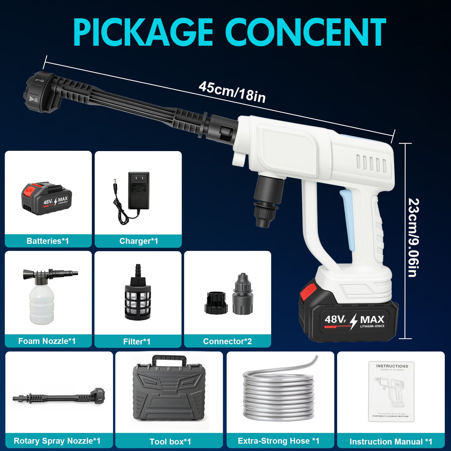 BAOKALER Cordless Pressure Washer, 970PSI Portable Power Washer with 4AH Battery, 6 in 1 Nozzle Electric High Power Washer with Brushless Motor, White