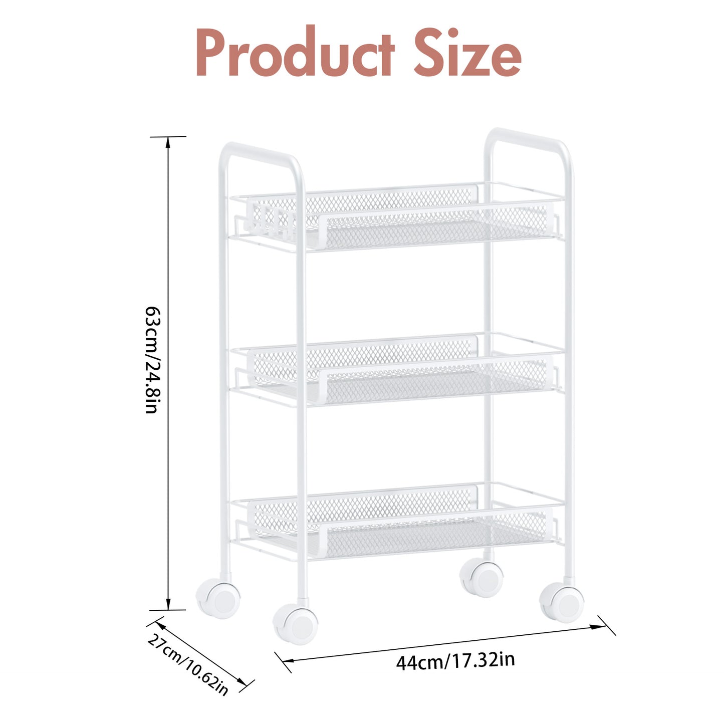 3 Tier Rolling Cart on Wheels, Rustproof Metal Cart with Lockable Wheels, Kitchen Rolling Shelf, Mesh Storage Basket for Living Room, Bathroom, Kitchen, Office, White