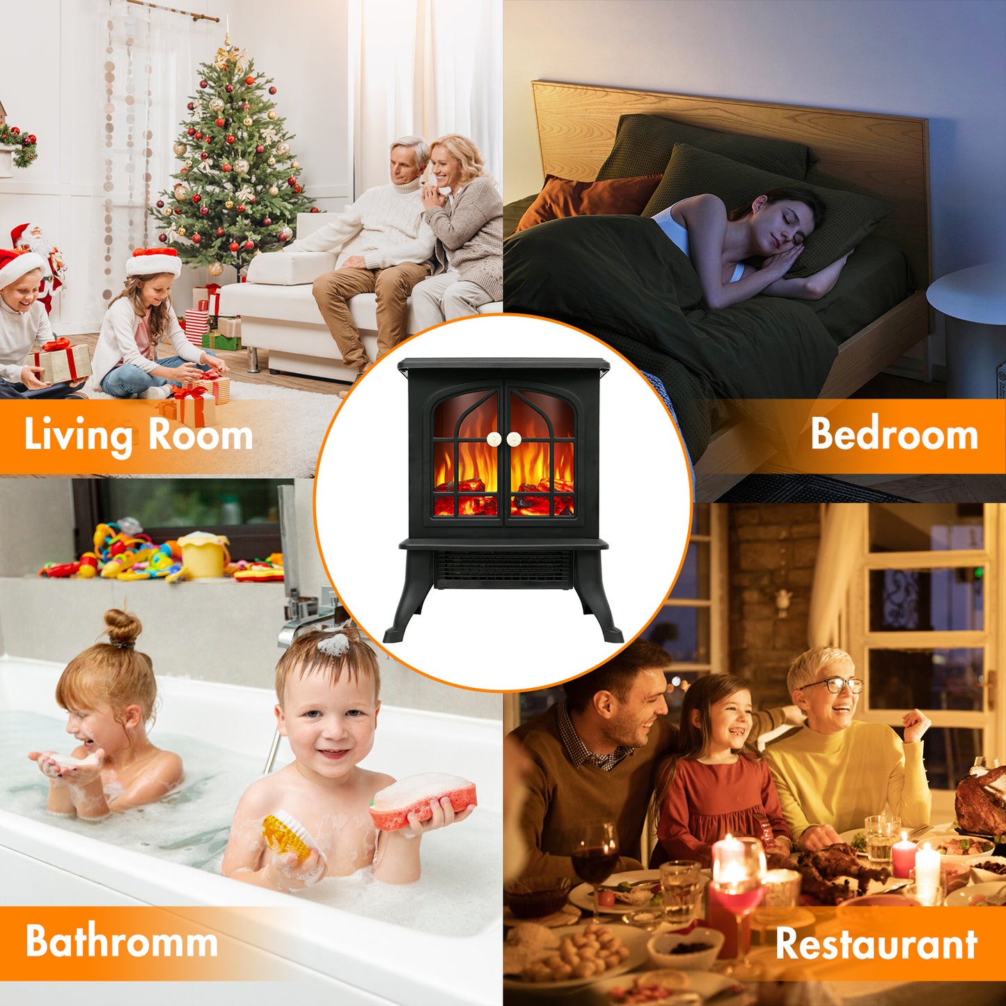 1,000 sq ft Infrared Quartz Electric Fireplace, 1500W Electric Fireplace Heater with Realistic 3D Flame Effect, Electric Heater with Overheat Protection for Home Bedroom Office
