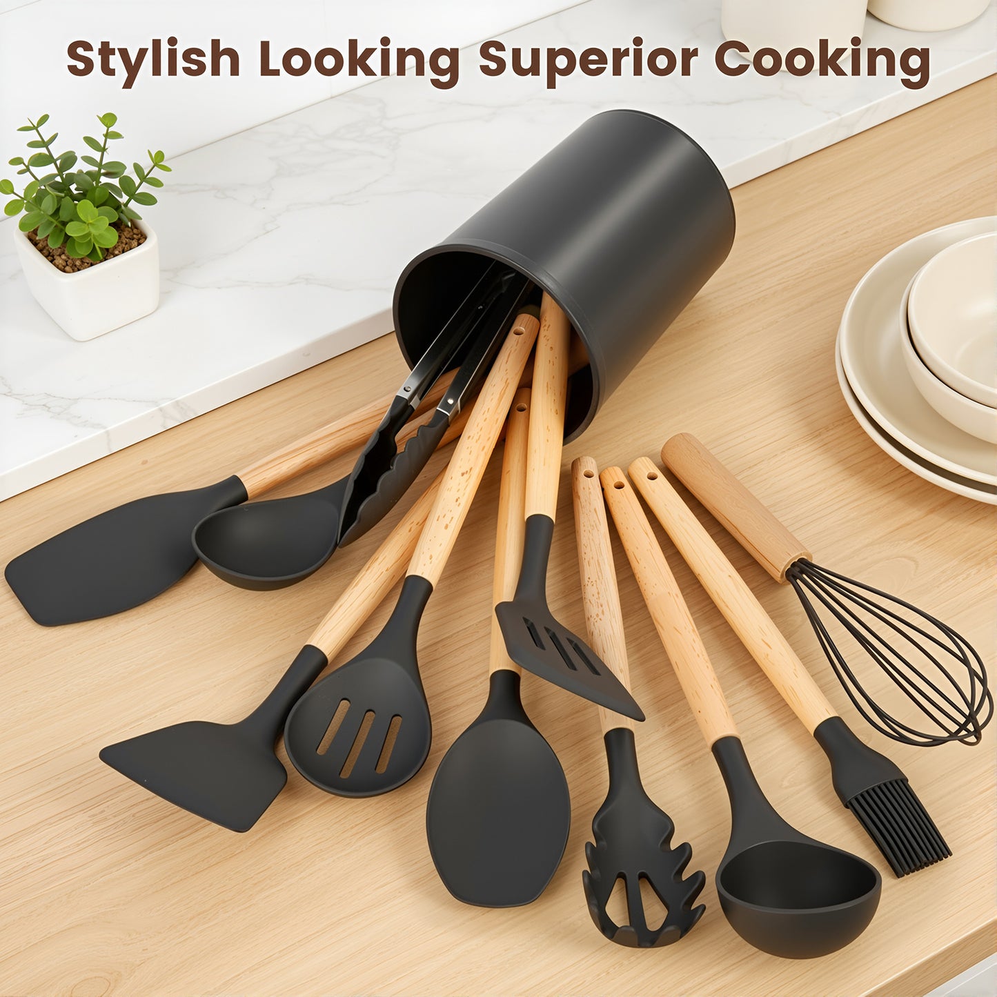 Silicone Cooking Utensils Set with Holder, 44 PCS Kitchen Utensils Set, Silicone Kitchen Gadgets Spatulas Set for Nonstick Cookware, Black