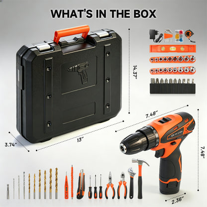 Power Tool Set, Cordless Drill Tool Box with 12V Battery Electric Drill Driver, 115Pcs Hand Tool Kit for Home Hand Repair Power Tools Sets Drills Case