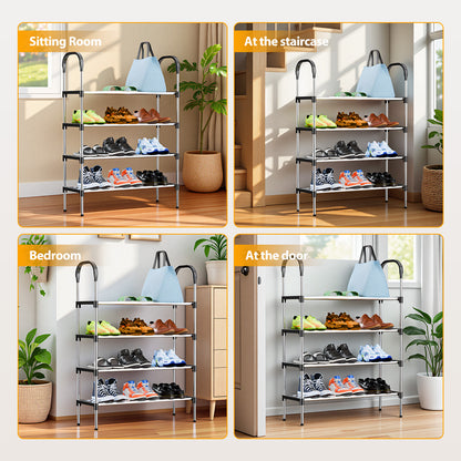4-Tier Shoe Rack Organizer, Metal Shoe Storage Stand for Entryway, Hallways, Bedrooms, Bathrooms, Offices, and Living Rooms, Silver and Black