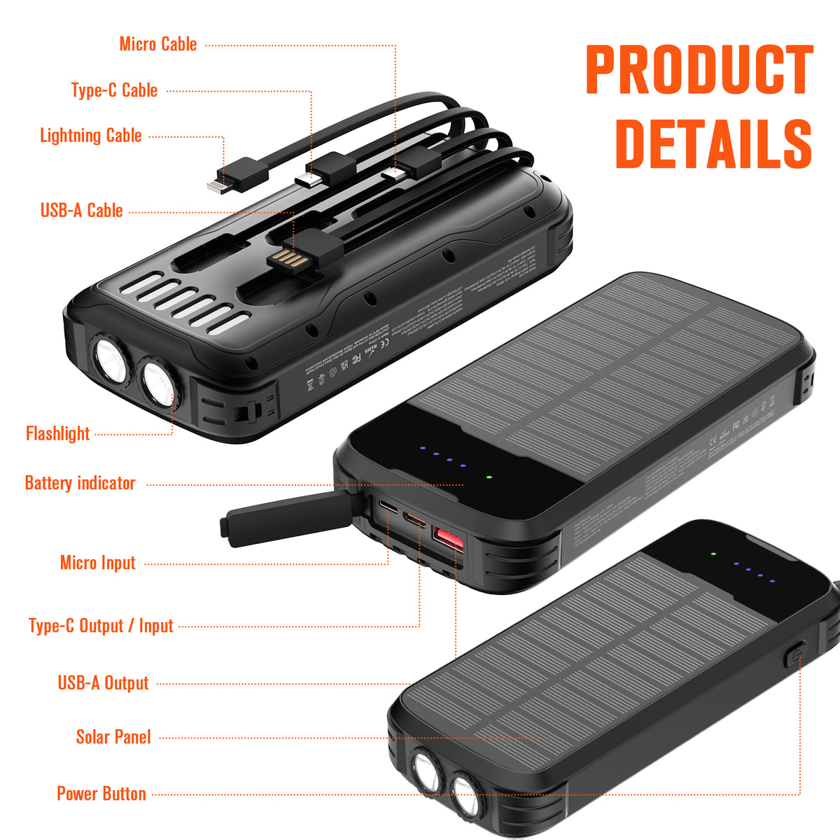 40000mAh Solar Power Bank Black, Portable Charger 20W PD Fast Charging, Solar Charger Power Bank W/4 Built-in Cables & 9 Charging Ways, Waterproof Dual LED Flashlights for Camping Hiking