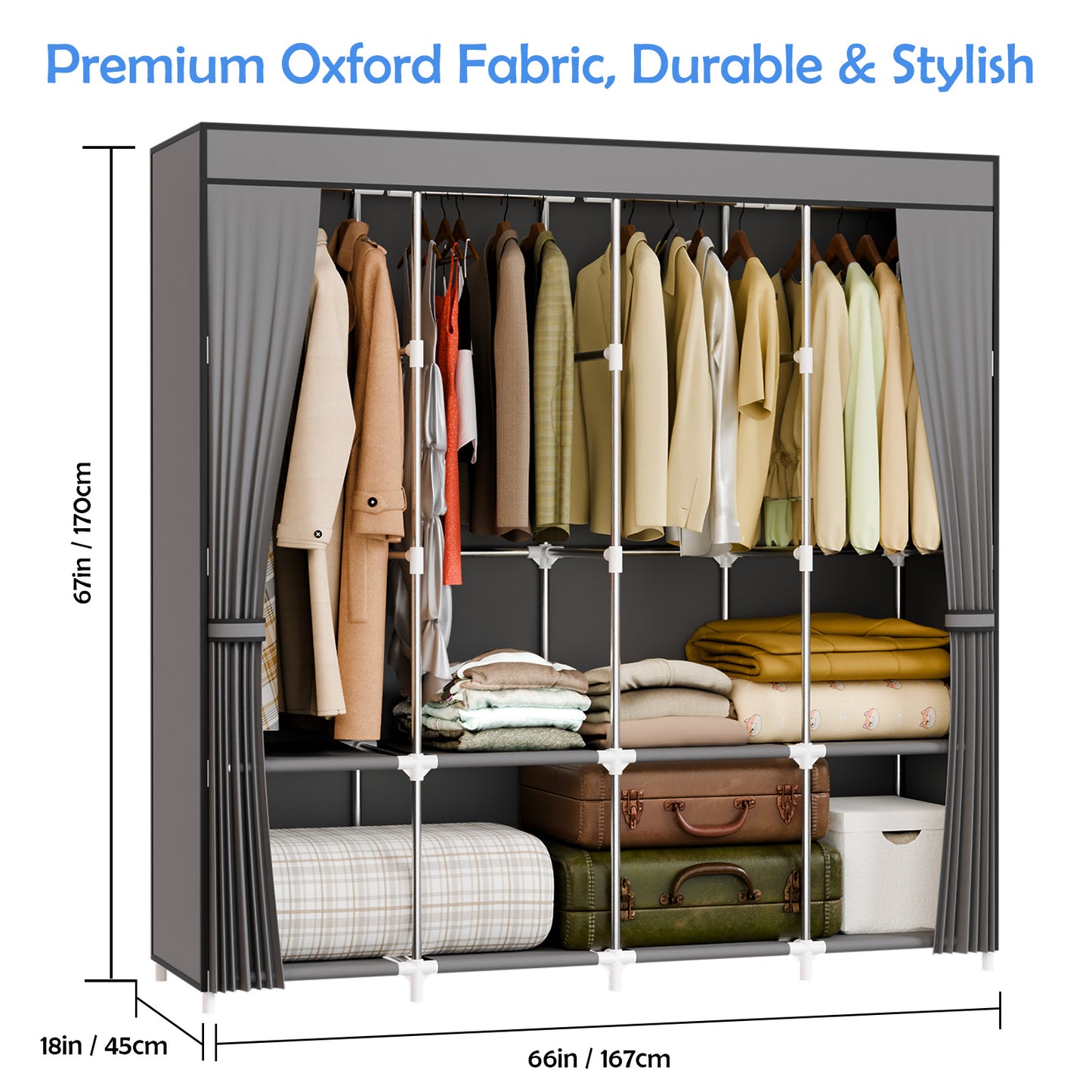 BAOKALER 67-Inch Wide Wardrobe Closet with 4 Hanging Rods & 8 Shelves, Non-Woven Fabric Hanging Closet Organizer, 16mm Steel Tube Clothing Rack for Bedroom, Living Room, Closet, Garage, Dorm, Gray