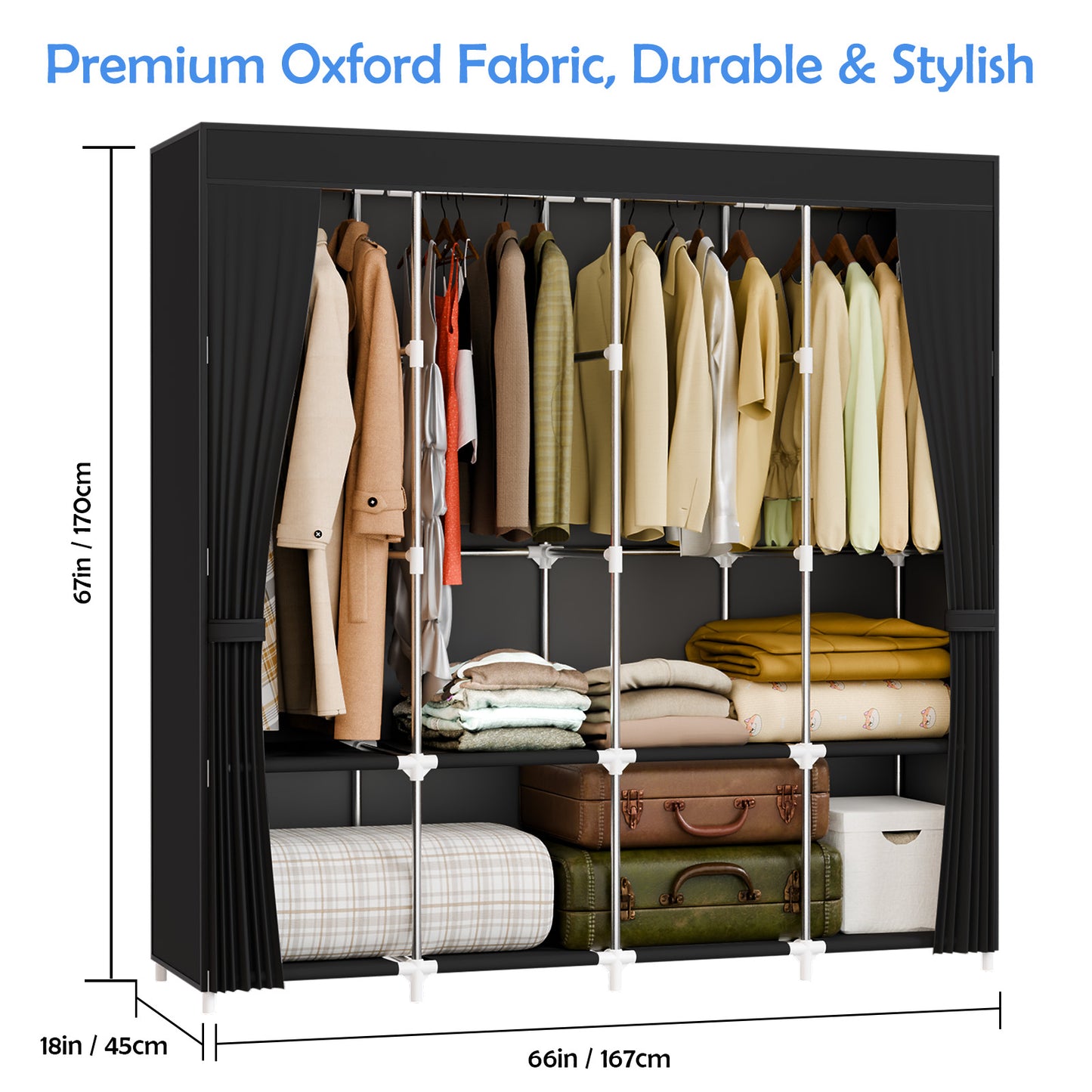 BAOKALER 67-Inch Wide Portable Closet Organizers and Storage with 4 Hanging Rods & 8 Shelves, Multi-Functional Wardrobe Clothes Storage for Bedroom, Living Room, Closet, Garage, Dorm, Black