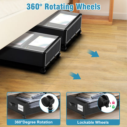 Under Bed Storage with Wheels, 2-Pack Under the Bed Storage Containers with Clear Lids & Label, Underbed Storage Bins, XXL 60L Rolling Metal Drawer for Clothes, Shoes, Toys, Books - Black