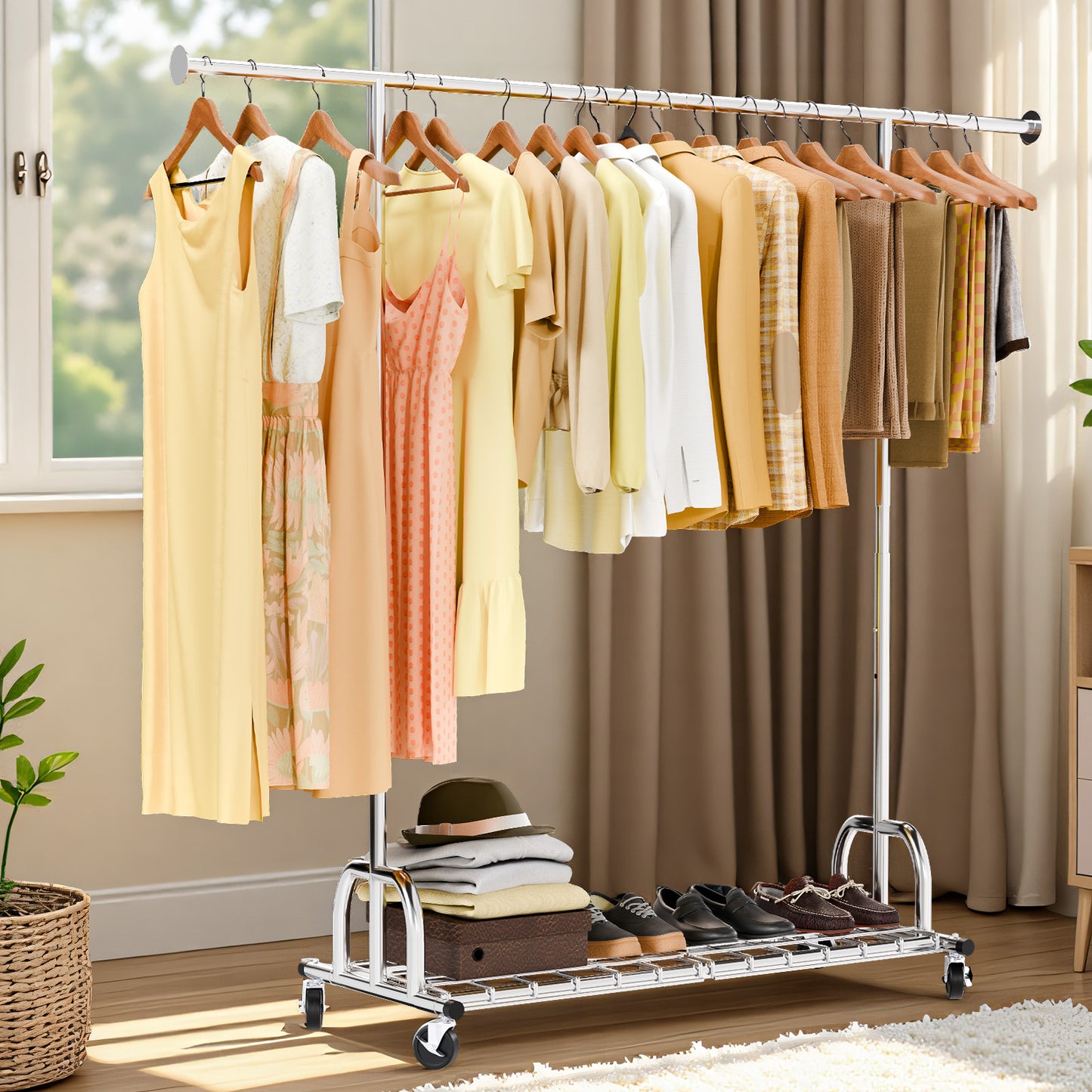 Baokaler 500 lbs Clothing Rack Heavy Duty Hanging Rack with Shelves Collapsible Clothes Racks on Wheels Rolling Garment Rack for Hanging Clothes Portable Adjustable, Chrome Finish