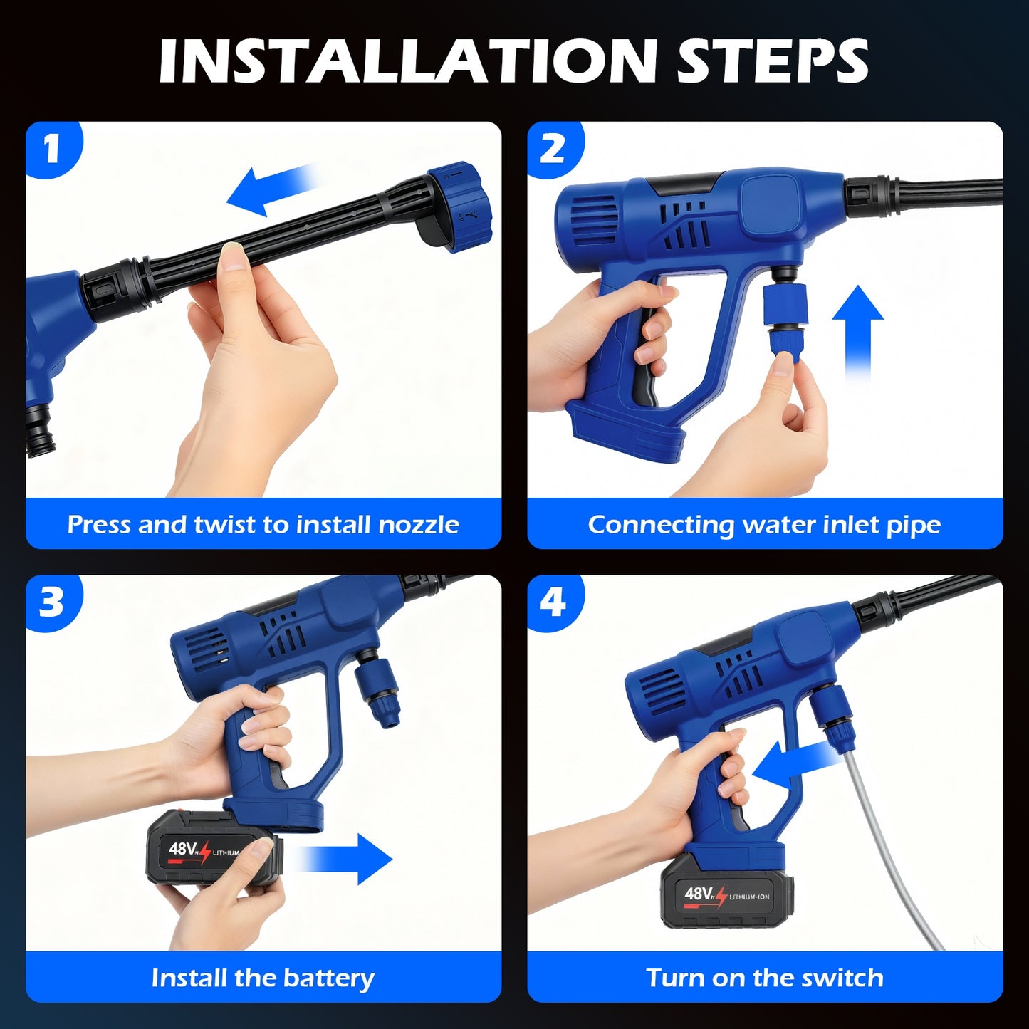 BAOKALER 21V Portable Cordless Pressure Washer, 900PSI High Pressure Washer with 10-Speed Adjustment, 6-in-1 Nozzle, Dual 4.0Ah Batteries for Watering Plants, Garden,Car, Floor Cleaning