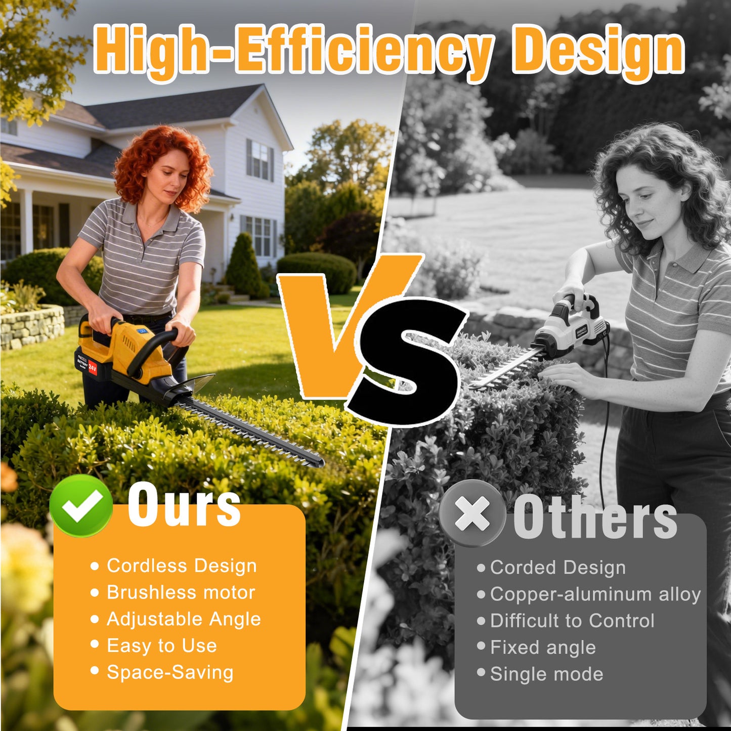 22" Cordless Hedge Trimmer with 180～ Rotatable Head, 21V Electric Bush Trimmer with 2 x 4000mAh Batteries, 1000W 24000r/min Motor, 67Mn Steel Blade for Garden Yard, Yellow