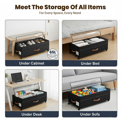 Under Bed Storage with Wheels, 2 Packs Large Underbed Organizer with Lid, 10'' Adjustable Height Shoes Containers Clothes Rolling Bin for Bedroom Dorm, Black